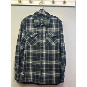 Vans Flannel Shirt Men Large Black Grey Plaid Quilted‎ Lined Long Sleeve Shacket